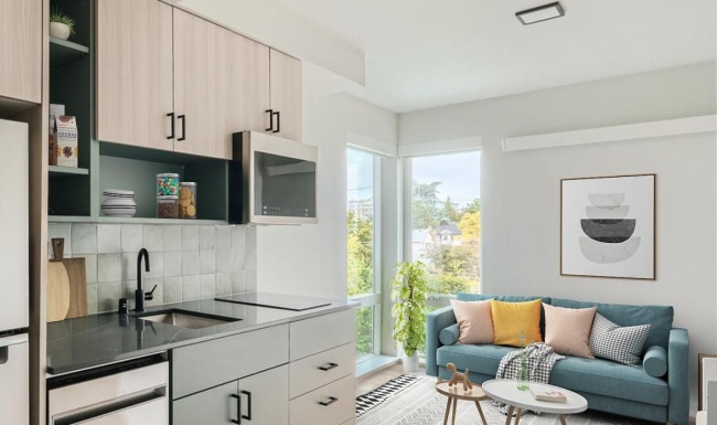 a kitchen with a refrigerator