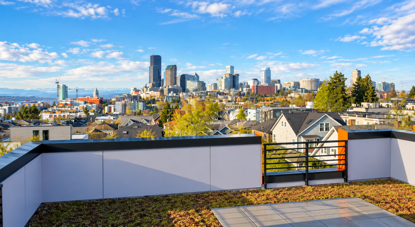 Downtown Seattle skyline view from Southpaw’s rooftop deck